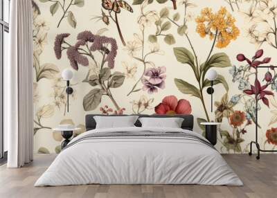 Seamless pattern background featuring a collection of vintage botanical illustrations with flowers and leaves in muted colors Wall mural