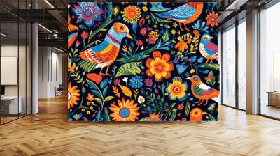 Seamless pattern background influenced by the colorful designs of traditional Mexican textiles Wall mural