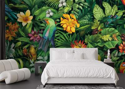 Seamless pattern background influenced by the organic forms and vibrant colors of tropical rainforests with colourful birds and flowers Wall mural