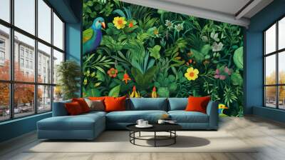 Seamless pattern background influenced by the organic forms and vibrant colors of tropical rainforests with colourful birds and flowers Wall mural