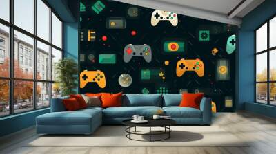 Seamless pattern background inspired by retro video games with pixelated classic controllers, and vibrant game elements evoking a sense of nostalgia for the golden age of gaming. Wall mural