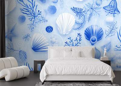 Seamless pattern background inspired by the textures and patterns of the ocean with intricate illustrations of seashells, waves, and sea creatures, set against a serene blue background Wall mural