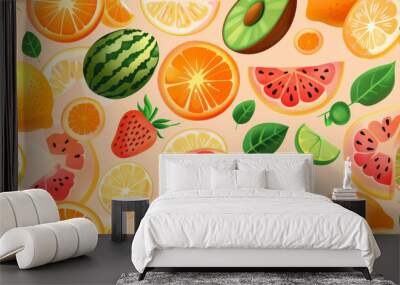 Seamless pattern background of Colorful Fresh Fruits bursting with colorful fresh fruits such oranges, lemons, strawberries, and watermelons, invoking the vibrant refreshing essence of summer fruit Wall mural