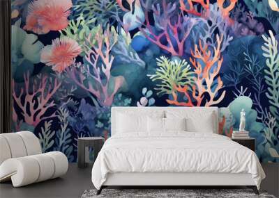 Seamless pattern background of underwater ecosystems and marine life with coral reefs and graceful sea creatures like tropical fish and sea turtle Wall mural