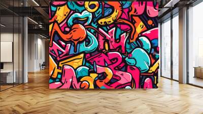 Seamless pattern background of Urban Graffiti Art with colorful tags, and street murals inspired by urban street culture and contemporary art movements, capturing energy and creativity of street art Wall mural