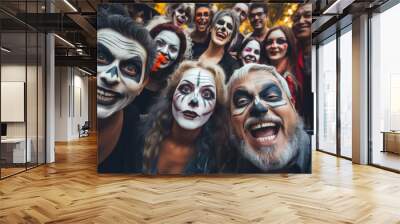 Selfie of group of people of different ages looking into camera, people make funny faces, people dressed in halloween costumes and make-up, halloween concept image Wall mural