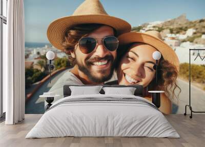 Selfie picture of a young happy couple outside on vacation , handsome boyfriend and beautiful girlfriend having fun on summer holiday Wall mural