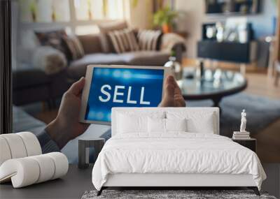 Sell stocks online concept image with a person holding a tablet with word Sell on screen representing an investor wanting to sell stocks from home Wall mural