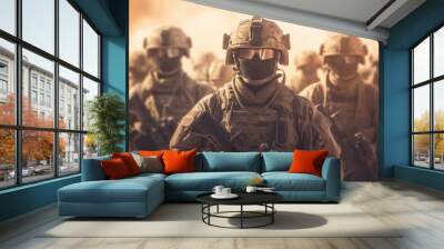 Several modern soldiers fully equipped facing the camera in a dusty and smoggy environment Wall mural