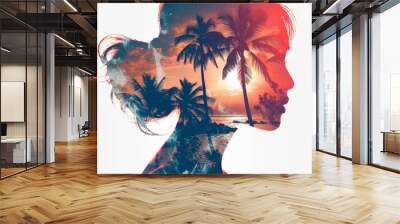 Silhouette of a young beautiful Asian woman letting see a beautiful holidays tropical beach isolated on white background Wall mural