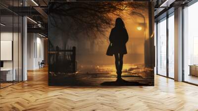 Silhouette of a young woman walking home alone at night , scared of stalker and being assault , insecurity concept Wall mural