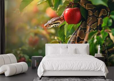 Snake in a apple tree next to a red apple representing original sin Wall mural