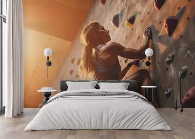 Sportswoman starting a climbing wall , young adult woman doing sports Wall mural