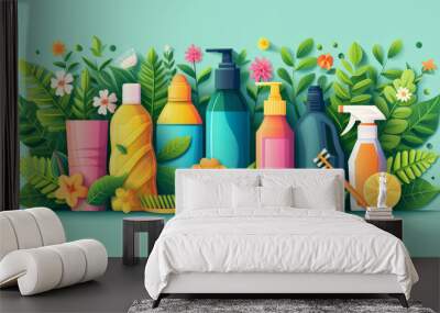 Spring Cleaning concept background with an illustration of colorful detergent bottles and brushes surrounded by green spring season leaves Wall mural