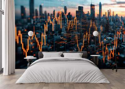 Stock market bar chart letting see a modern city business center in background representing finance investment and trading concept Wall mural