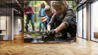 Students learning outdoors in forest, hands-on activities such as environmental science experiments, benefits of outdoor education in fostering connection to natural world and experiential learning Wall mural