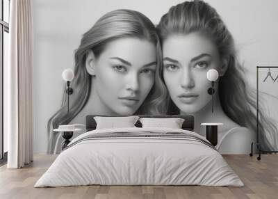 Studio photo portrait of two twins women with their hair gathered. Monochrome style image Wall mural