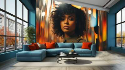 Stylish portrait of a black african american gorgeous girl , high key , seventies psychedelic dreamscape style Wall mural