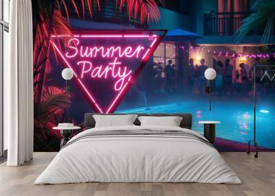 Summer party sign concept image with pool party with people in background Wall mural