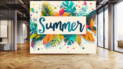 Summer season illustration background with word Summer written on colorful leaves with summer vibes Wall mural