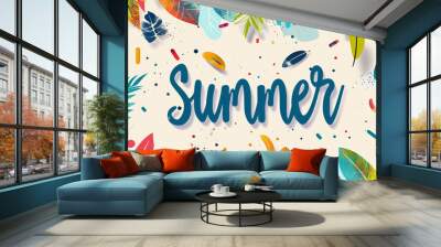 Summer season illustration background with word Summer written on colorful leaves with summer vibes Wall mural