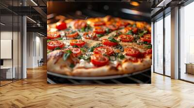 Tasty homemade pizza cooking in an oven at home Wall mural