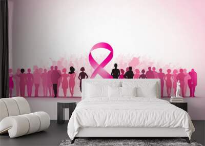 The Breast Cancer Awareness Month background illustration with pink ribbon logo and people silhouette Wall mural