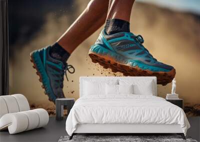 Trail runner sport shoes swiftly Running on a dusty Trail, showing determination and speed Wall mural