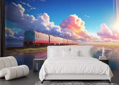 Train is driving on the sea, blue sky, white clouds, beautiful light with blue and light pink colors illustration Wall mural