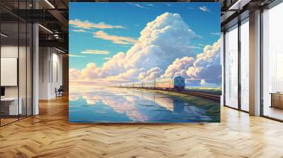 Train is driving on the sea, blue sky, white clouds, beautiful light with blue and light pink colors illustration Wall mural