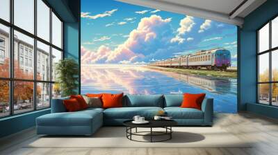 Train is driving on the sea, blue sky, white clouds, beautiful light with blue and light pink colors illustration Wall mural