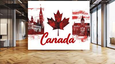 Travel to Canada country illustration background with a mix of Canadian flag colors and architecture of Canada isolated on white backdrop Wall mural