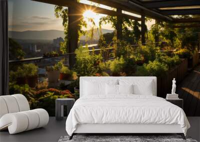 Urban rooftop garden in a terrace of a capital city with sun light Wall mural