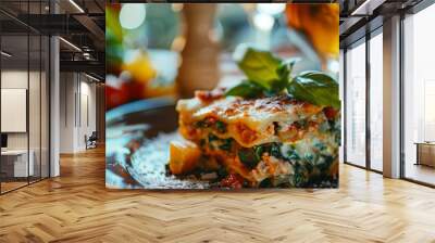 Veggie lasagna dish on a table showing the Italian traditional food made of layers of lasagna pasta and vegetables Wall mural