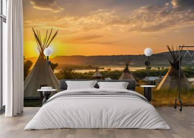 View of an indian native american village with teepee tents Wall mural