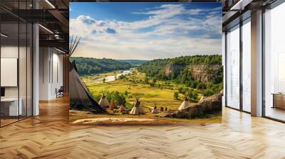 View of an indian native american village with teepee tents Wall mural