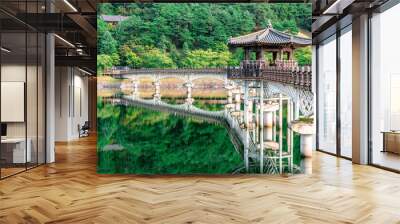 View of Weolyeonggyo bridge and pavilion with water reflection a wooden bridge spanning the Nakdong River in Andong Korea Wall mural