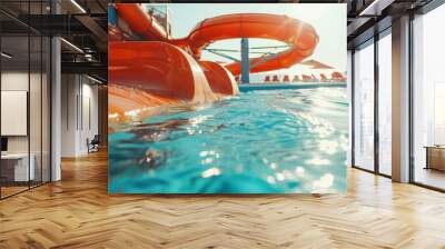 water slide background banner with the arrival of orange aqua park slide in beautiful blue water Wall mural