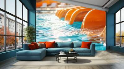 Water slide background banner with the arrival of orange aqua park slide in beautiful blue water Wall mural