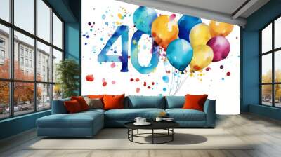 Watercolor 40th birthday clip art with 40 figures and balloons isolated on white background Wall mural