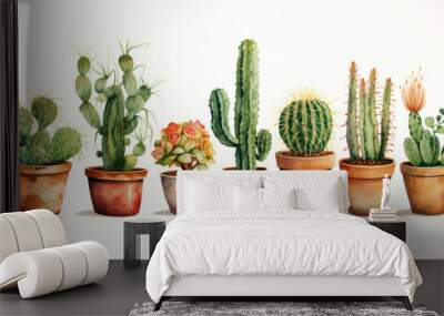 Watercolor illustration of Cacti in Terracotta Pots isolated on white background Wall mural