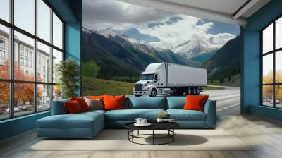 White cargo truck with a white blank empty trailer on highway road with beautiful nature mountains and sky, driving in motion Wall mural