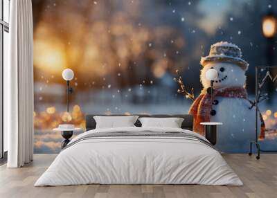 Winter holiday christmas background banner with cute funny laughing snowman with wool hat and scarf, on snowy snow snowscape and bokeh light Wall mural