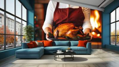 Woman holding a roasted turkey holiday dish at home , for christmas or thanksgiving holiday , fireplace living room background Wall mural