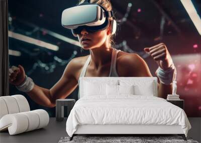 Young blonde woman in white sports outfit doing gym training with VR headset or boxing lesson in virtual reality Wall mural