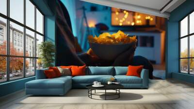 Young man holding a bowl of potato chips in his hands at home in his sofa for movie night in front of the tv Wall mural