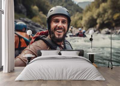 Young man on a thrilling white-water rafting expedition. He commands the raft with confidence through challenging rapids, creating an unforgettable outdoor experience with his friends. Wall mural