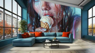 Young sexy woman licking an ice cream cone in a suggestive way Wall mural