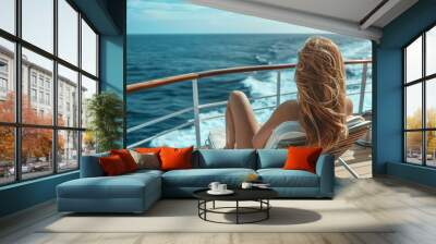 Young woman relaxing on an outdoor deck of a cruise ship looking at view of the sea on a luxury travel to cross the ocean Wall mural