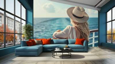 Young woman relaxing on an outdoor deck of a cruise ship looking at view of the sea on a luxury travel to cross the ocean Wall mural